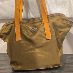 Prada Khaki Nylon Tote with Tan Straps